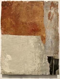 Brigitte Riesebrodt, “Collage 1” (2018), oil and wax on paper and wood. Courtesy of the artist.