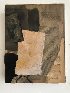 Brigitte Riesebrodt, “Collage 7” (2019), oil, wax, and tusche on paper and wood. Courtesy of the artist.